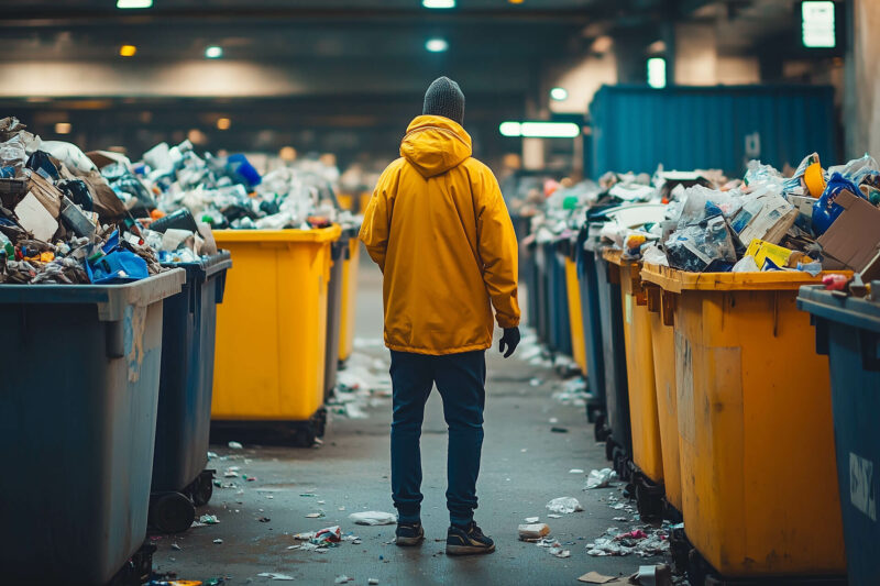 Eine Person, die Müll in verschiedene Recycling-Behälter sortiert, um die richtige Trennung und Wiederverwertung zu symbolisieren.