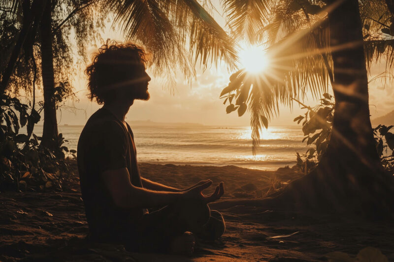 Ein Bild von einer Person, die meditierend im Sonnenaufgang sitzt, um Ruhe und das Konzept des Ikigai zu symbolisieren.